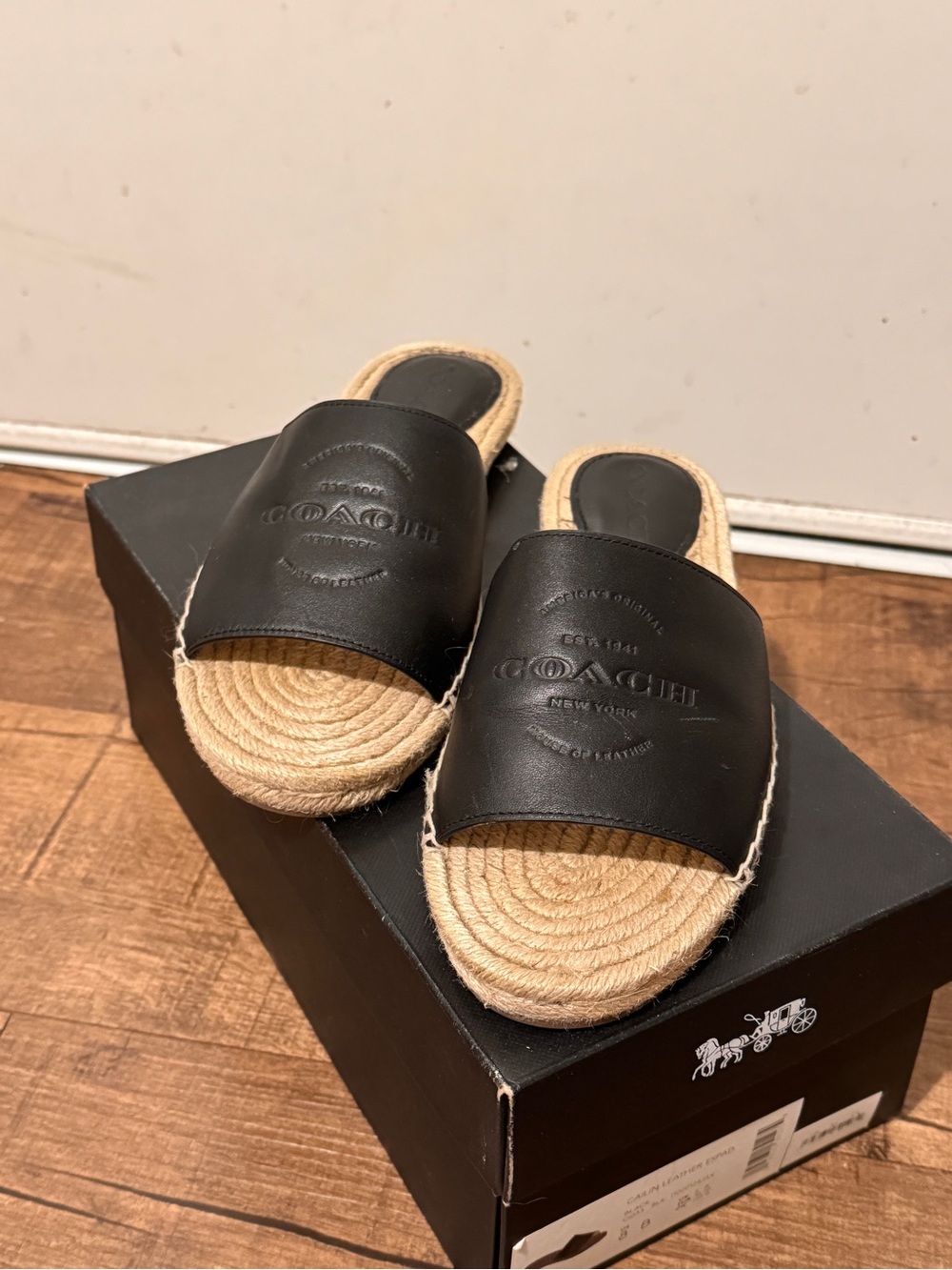 Coach Black Leather Espadrille Slide Sandals with Natural Jute Footbed - Picture 2 of 6